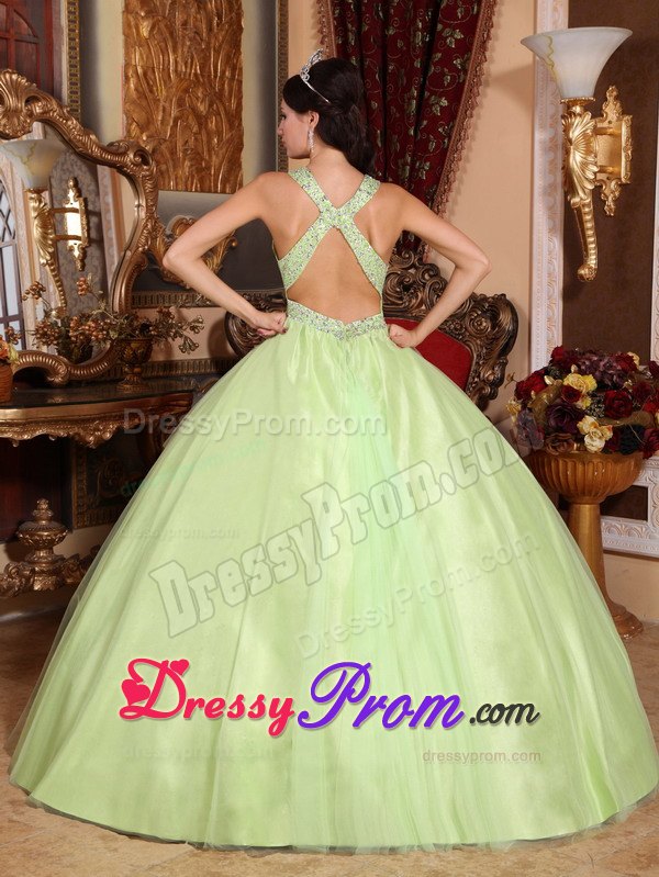 V-neck Beading Yellow Green Criss Crossed Back Quinceanera Dress