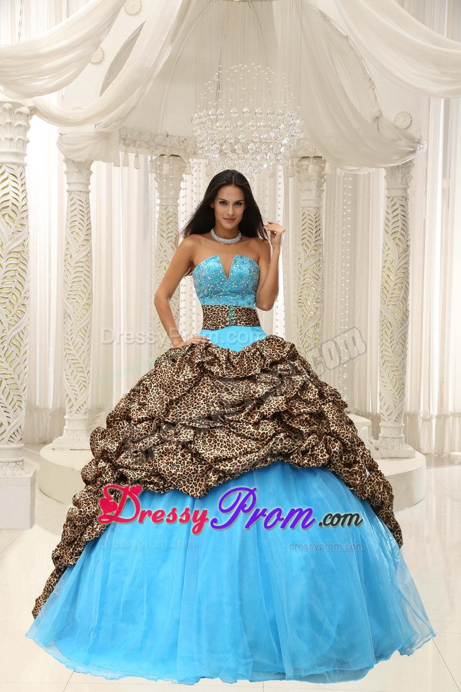 Sweetheart Beading Leopard Fabric Pick Ups Brush Train Quinceanera Gown