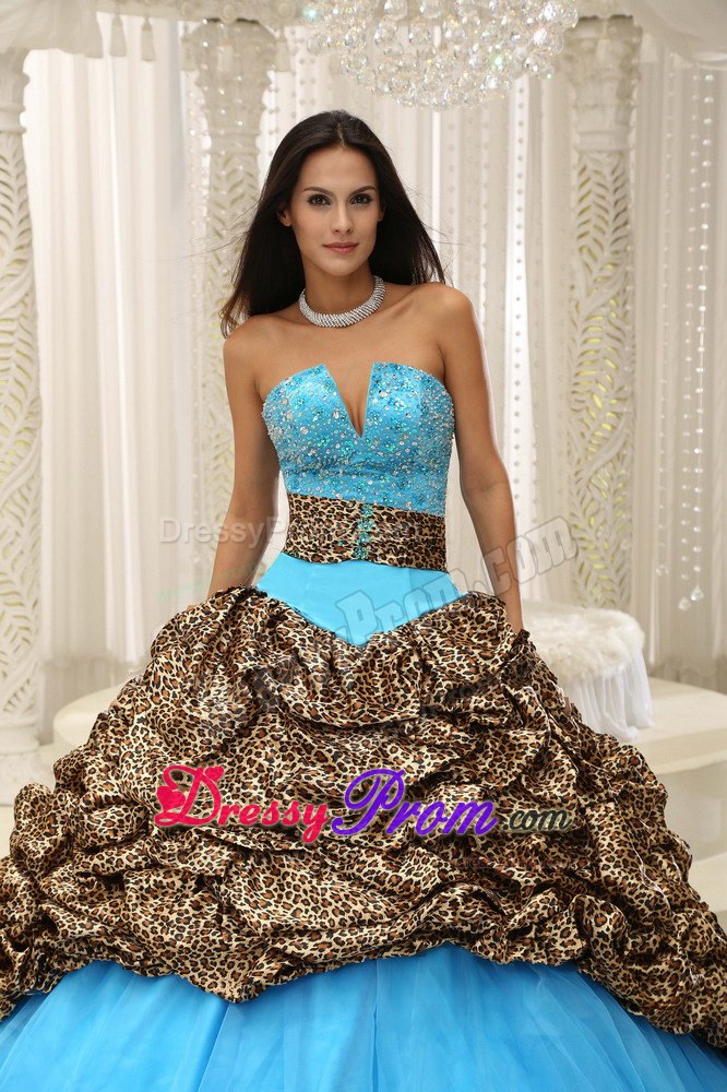 Sweetheart Beading Leopard Fabric Pick Ups Brush Train Quinceanera Gown