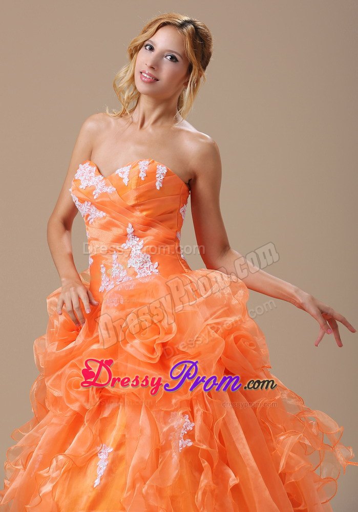 Hand Made Flowers Appliques Sweetheart Orange Ruffled Sweet 16 Dresses