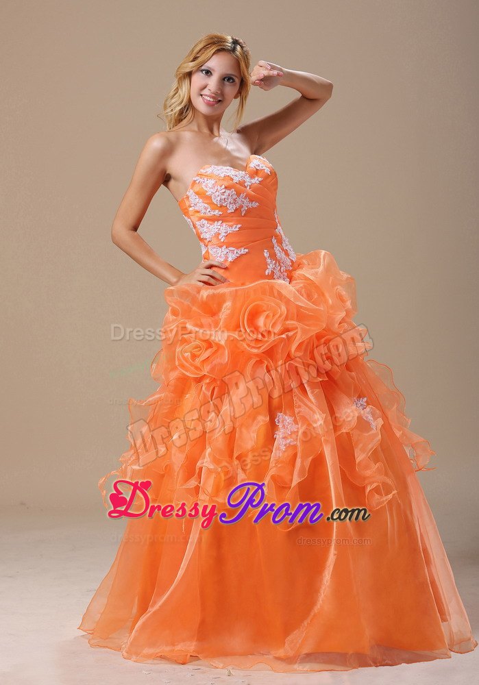 Hand Made Flowers Appliques Sweetheart Orange Ruffled Sweet 16 Dresses