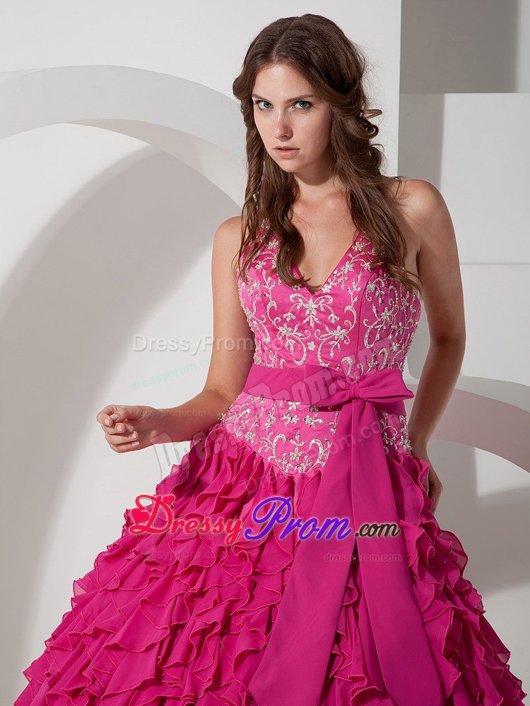 Halter Embroidery Ruffled Chiffon Hot Pink Quinceanera Gown with Sash