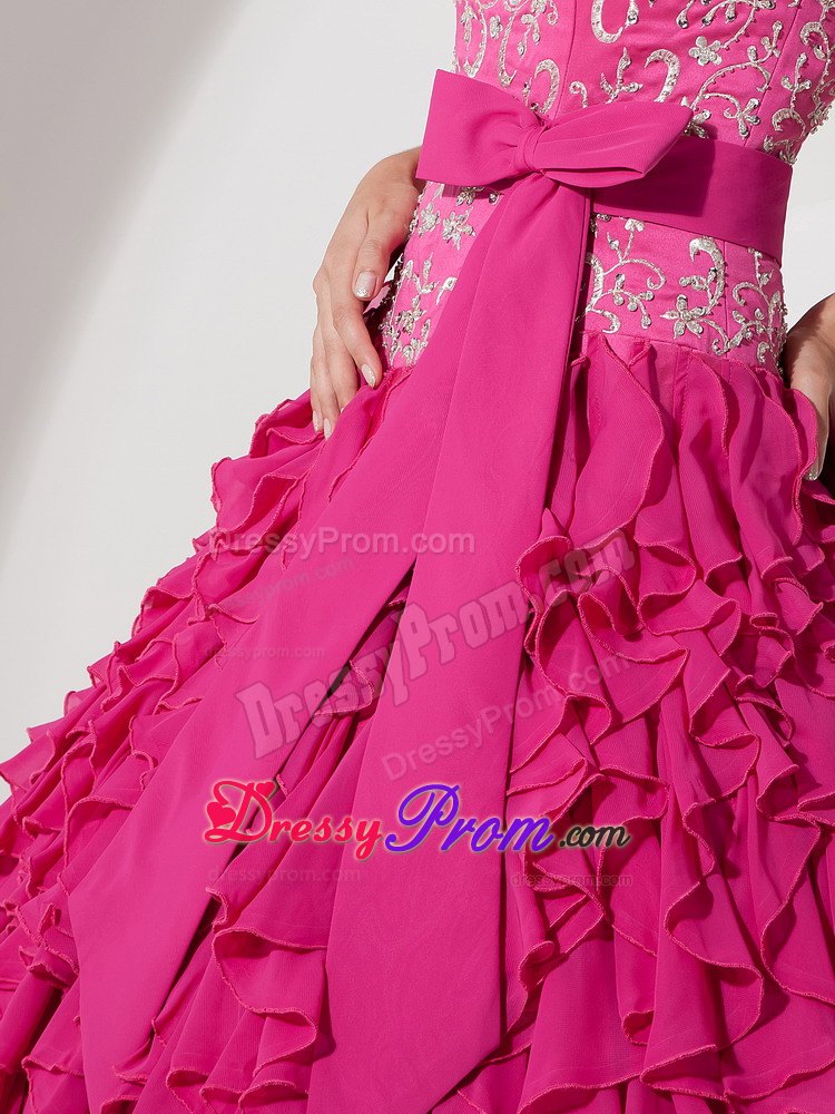 Halter Embroidery Ruffled Chiffon Hot Pink Quinceanera Gown with Sash