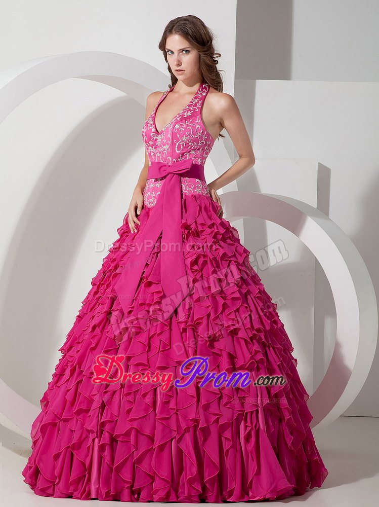 Halter Embroidery Ruffled Chiffon Hot Pink Quinceanera Gown with Sash