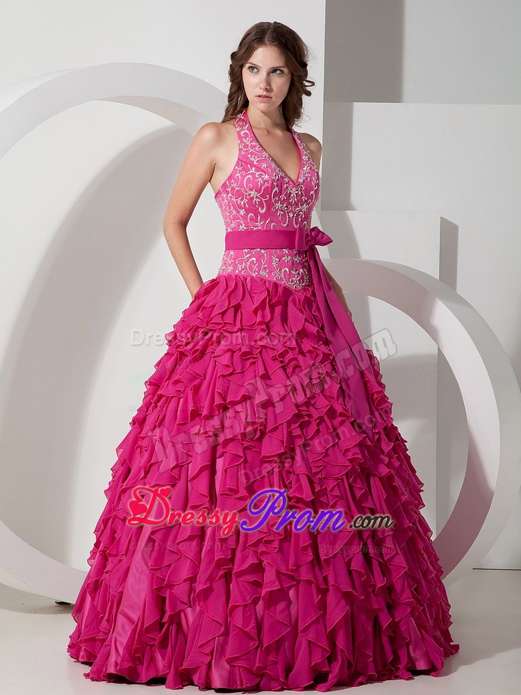 Halter Embroidery Ruffled Chiffon Hot Pink Quinceanera Gown with Sash