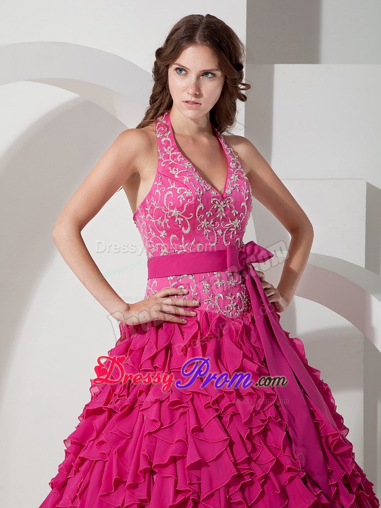 Halter Embroidery Ruffled Chiffon Hot Pink Quinceanera Gown with Sash