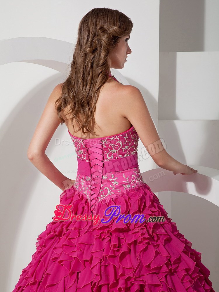 Halter Embroidery Ruffled Chiffon Hot Pink Quinceanera Gown with Sash