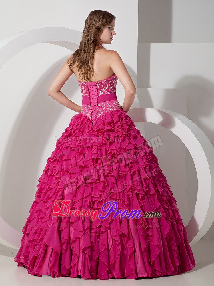 Halter Embroidery Ruffled Chiffon Hot Pink Quinceanera Gown with Sash