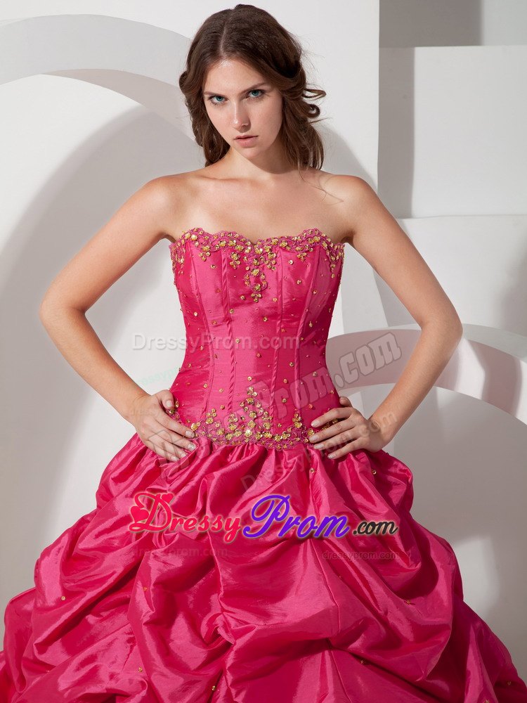 Hot Pink Strapless Pick-ups Taffeta Lace Up Back Quinceaneras Dresses