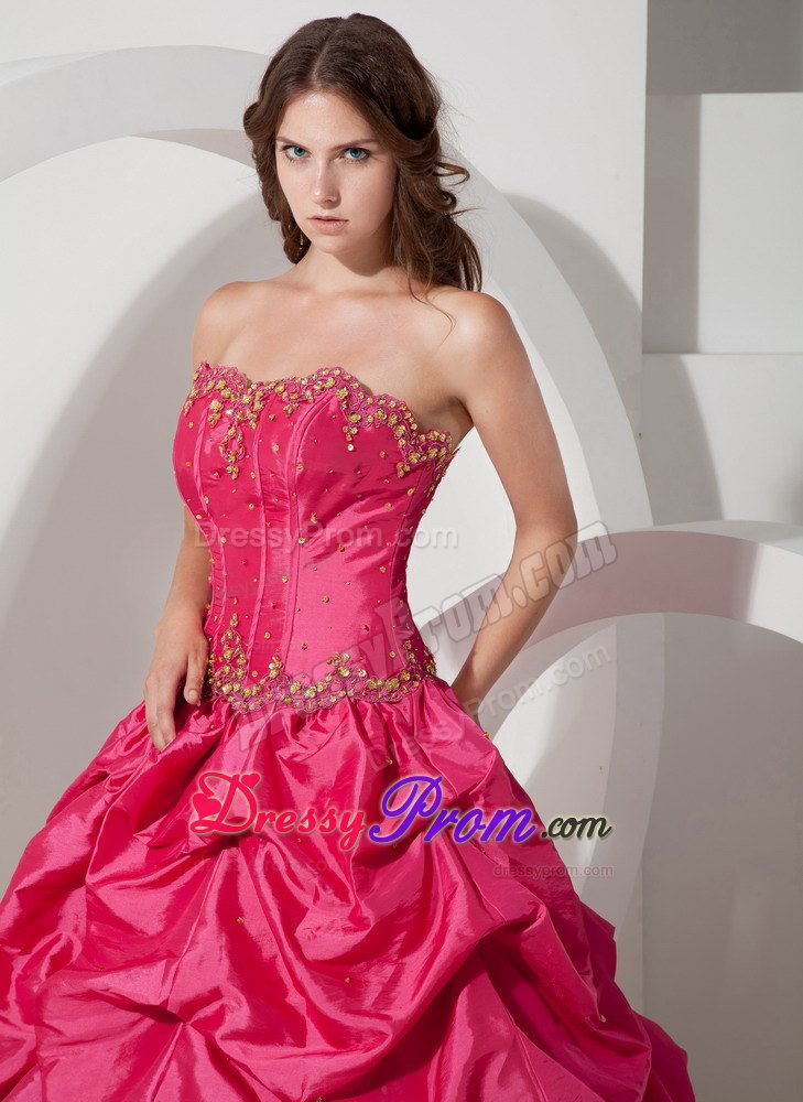 Hot Pink Strapless Pick-ups Taffeta Lace Up Back Quinceaneras Dresses