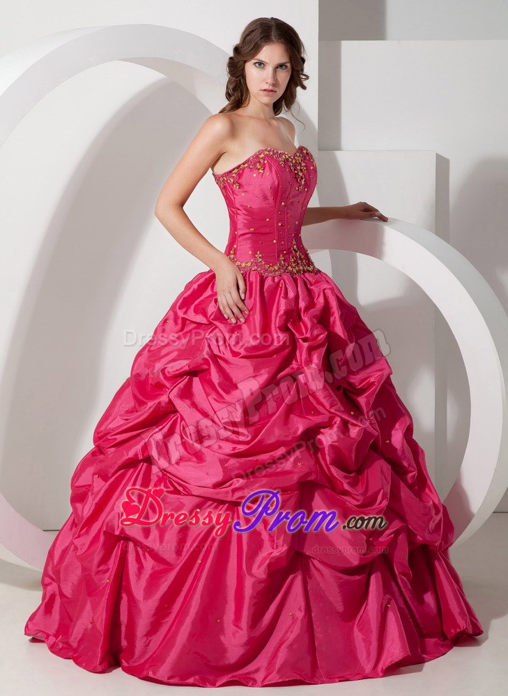 Hot Pink Strapless Pick-ups Taffeta Lace Up Back Quinceaneras Dresses