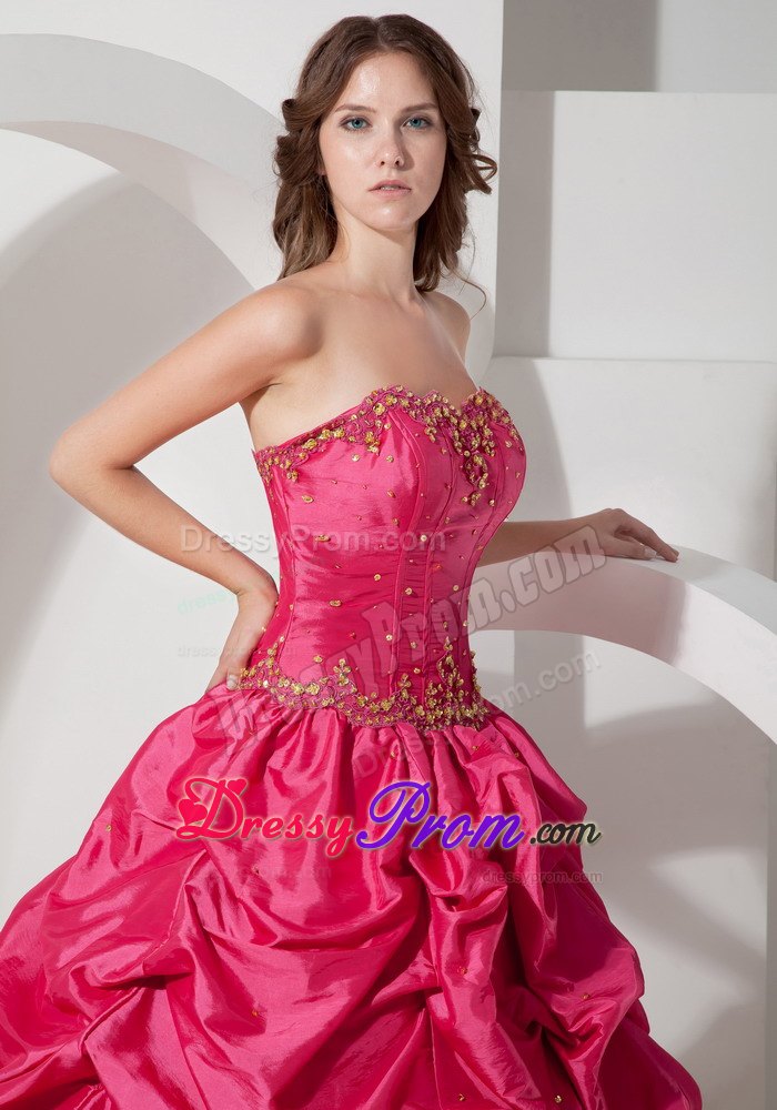 Hot Pink Strapless Pick-ups Taffeta Lace Up Back Quinceaneras Dresses