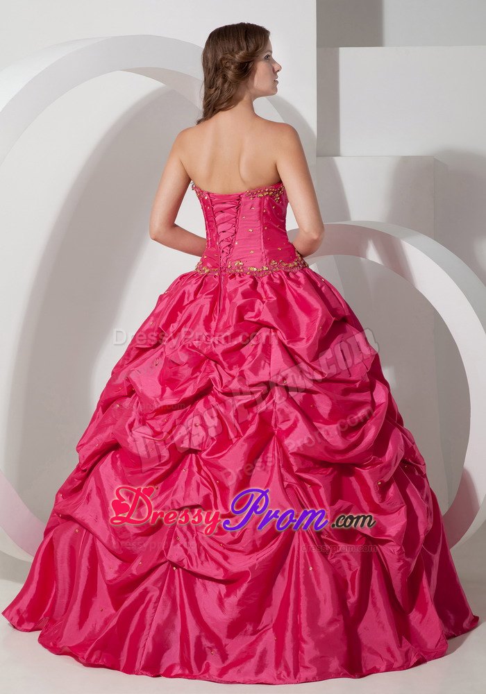 Hot Pink Strapless Pick-ups Taffeta Lace Up Back Quinceaneras Dresses