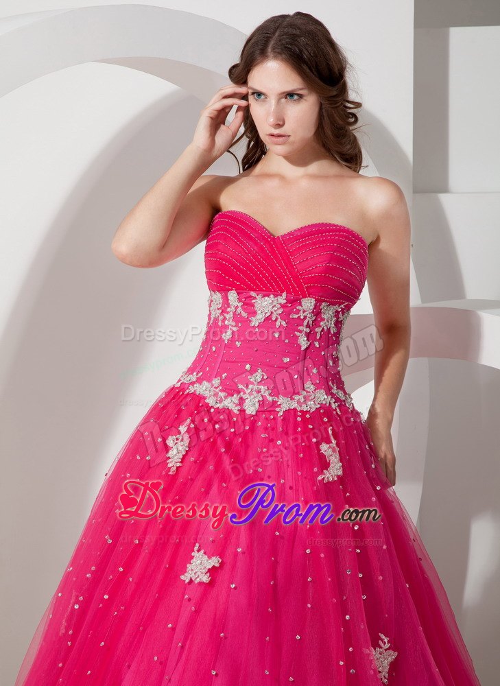 Appliques Sweetheart Beading Coral Red Tulle Dresses For Quinceaneras