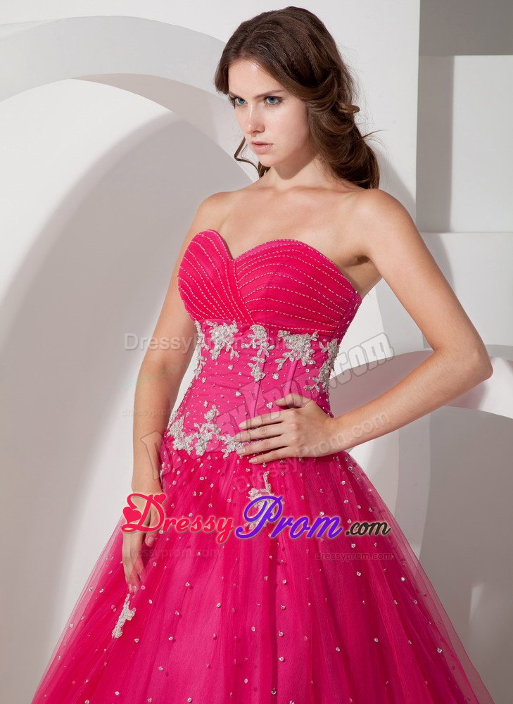 Appliques Sweetheart Beading Coral Red Tulle Dresses For Quinceaneras