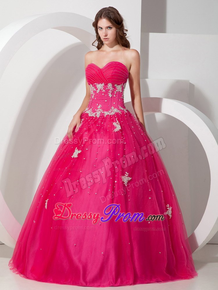 Appliques Sweetheart Beading Coral Red Tulle Dresses For Quinceaneras