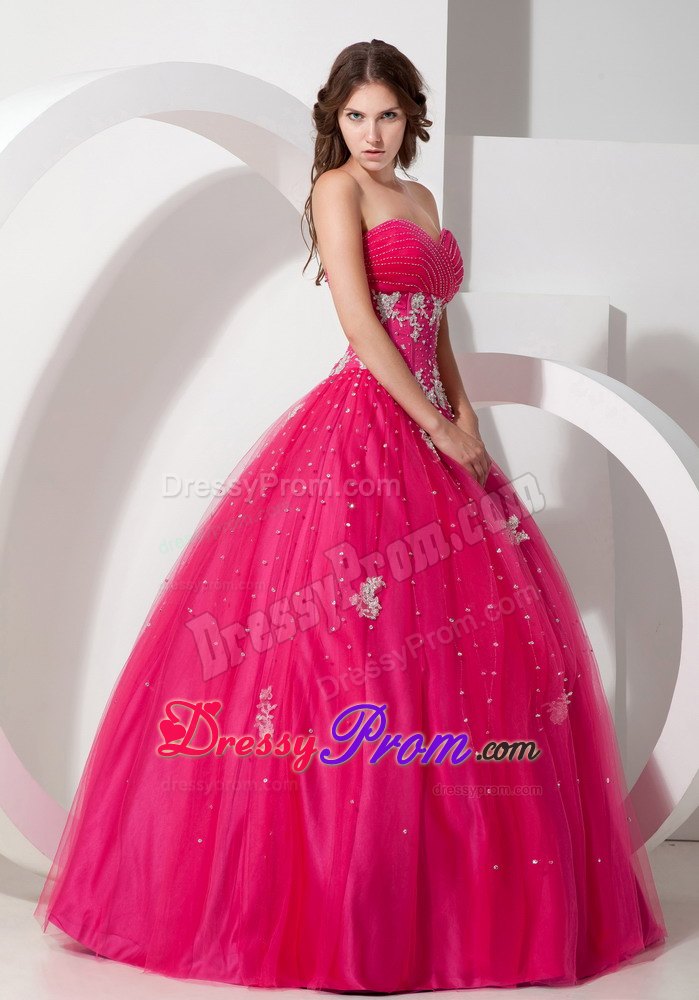 Appliques Sweetheart Beading Coral Red Tulle Dresses For Quinceaneras