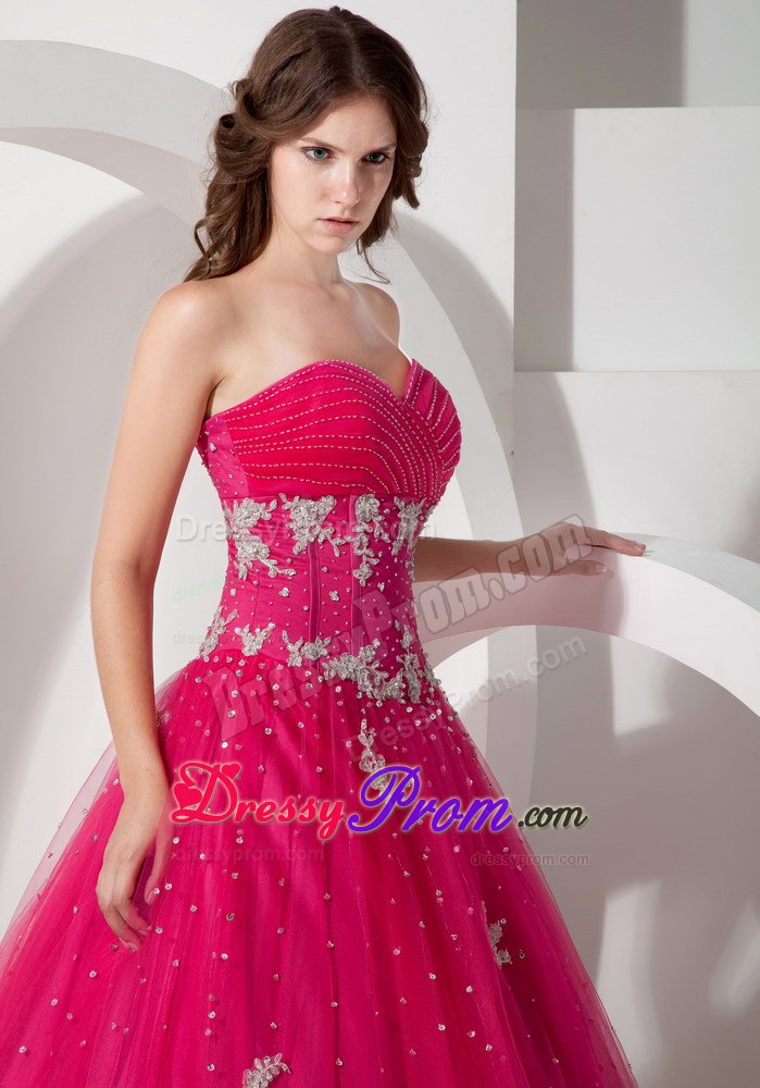 Appliques Sweetheart Beading Coral Red Tulle Dresses For Quinceaneras