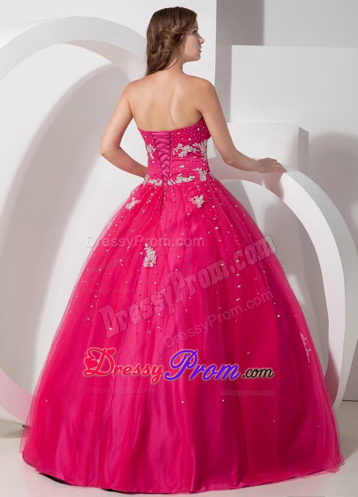 Appliques Sweetheart Beading Coral Red Tulle Dresses For Quinceaneras