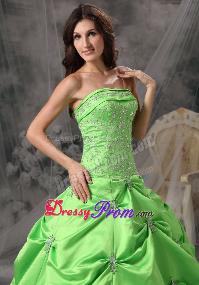 Taffeta Strapless Beading Floor-length Spring Green Quinceanera Gowns