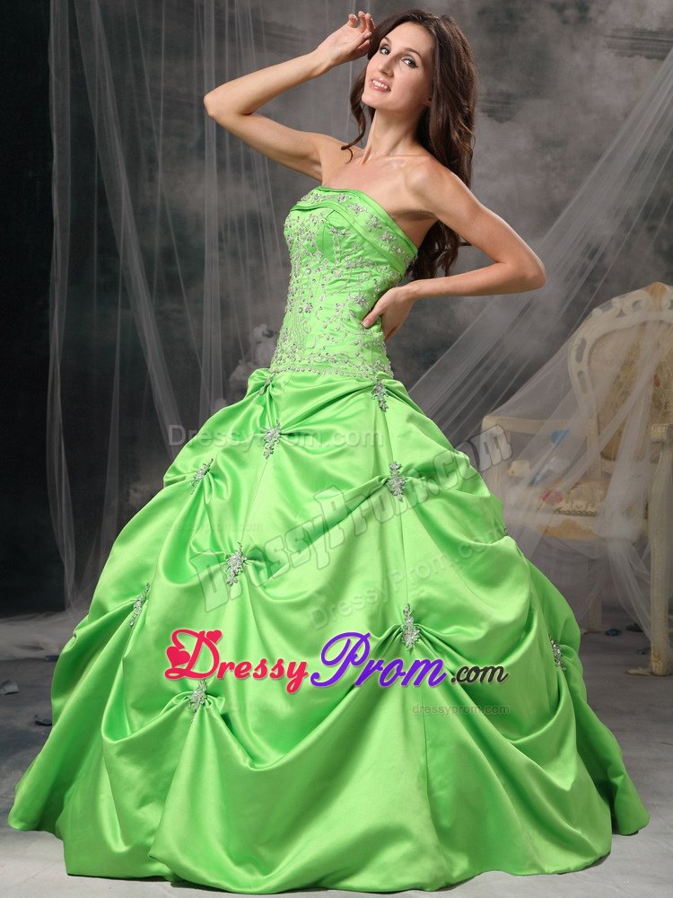 Taffeta Strapless Beading Floor-length Spring Green Quinceanera Gowns