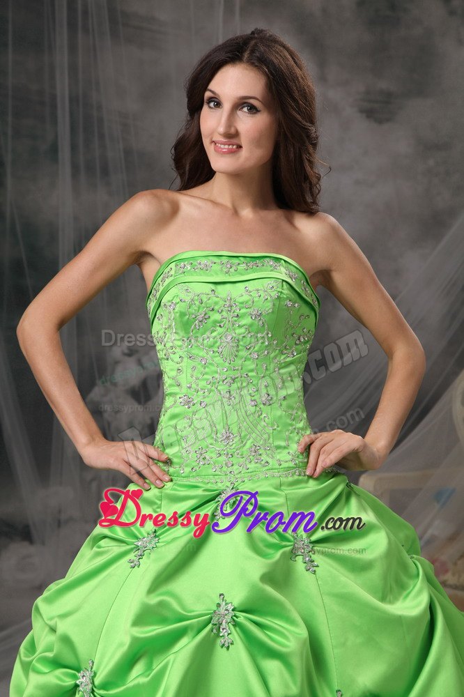 Taffeta Strapless Beading Floor-length Spring Green Quinceanera Gowns