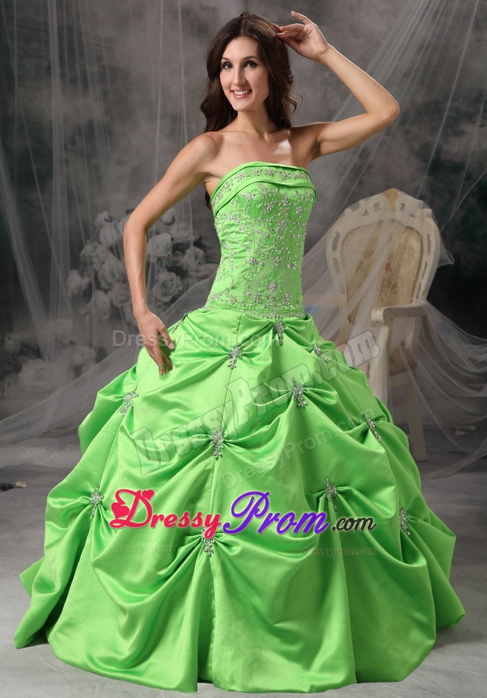 Taffeta Strapless Beading Floor-length Spring Green Quinceanera Gowns