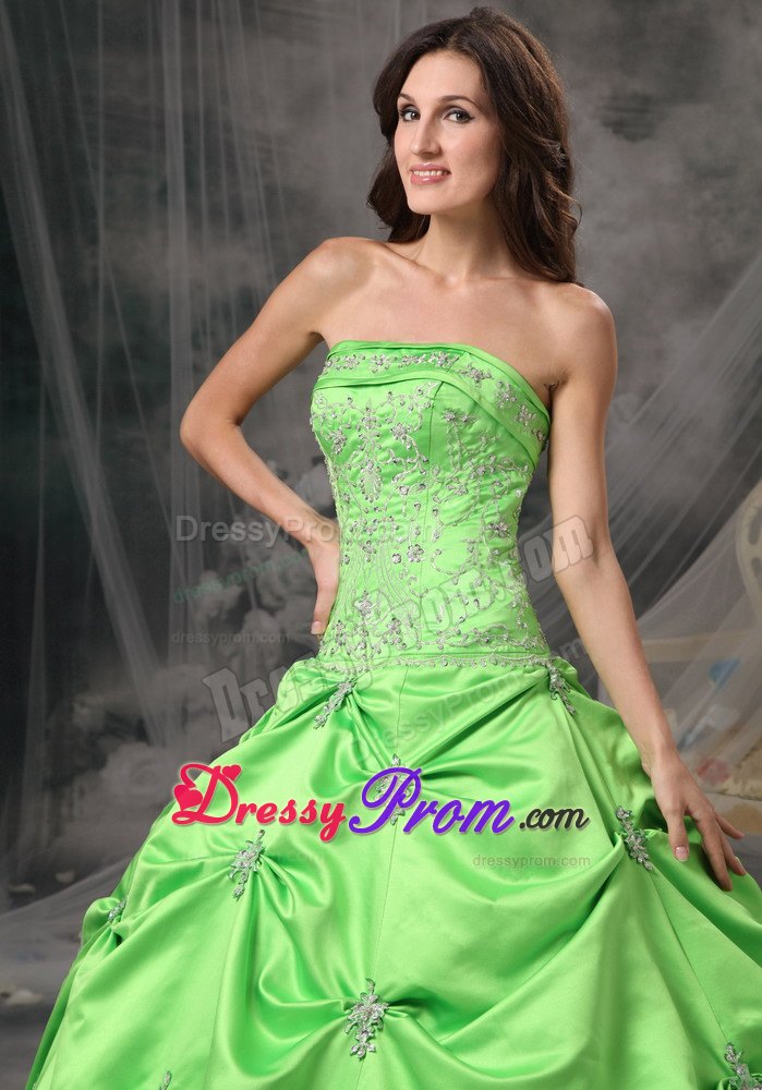 Taffeta Strapless Beading Floor-length Spring Green Quinceanera Gowns