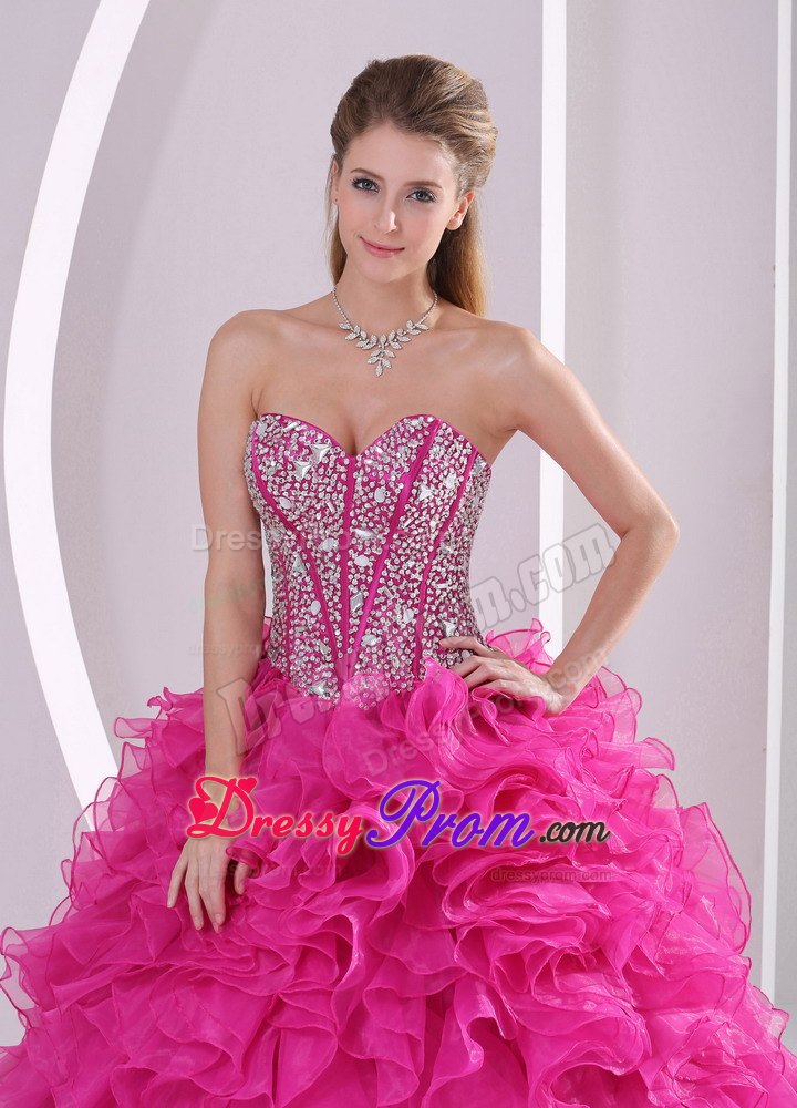 Beading Sweetheart Ruffles Fuchsia Back Out Quinceanera Gown Dresses