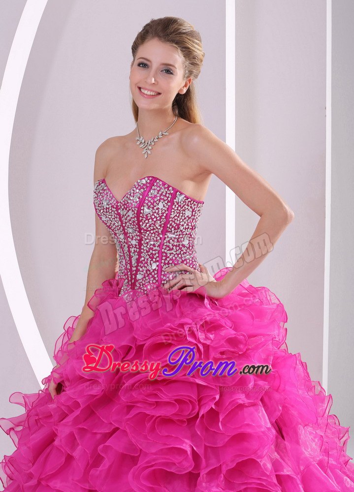 Beading Sweetheart Ruffles Fuchsia Back Out Quinceanera Gown Dresses