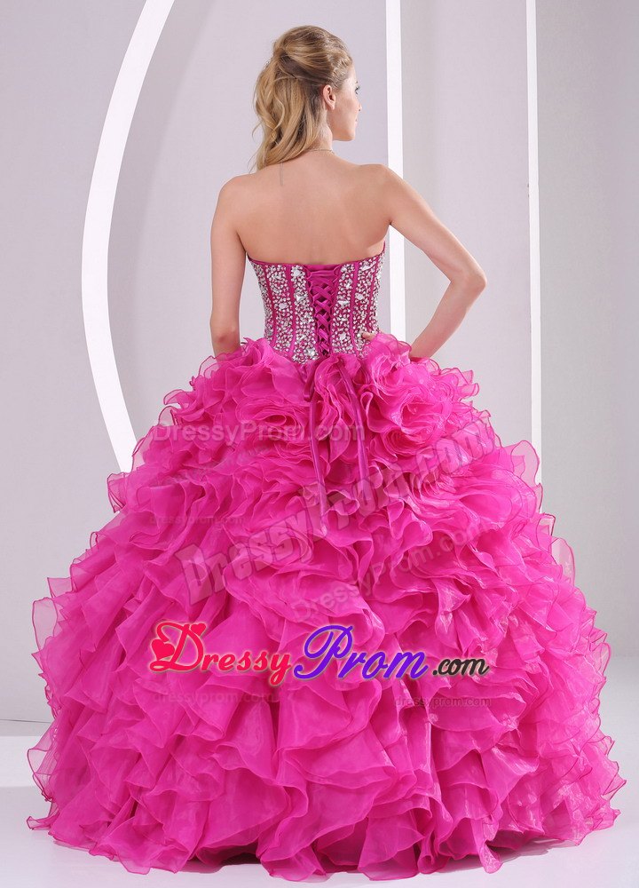 Beading Sweetheart Ruffles Fuchsia Back Out Quinceanera Gown Dresses