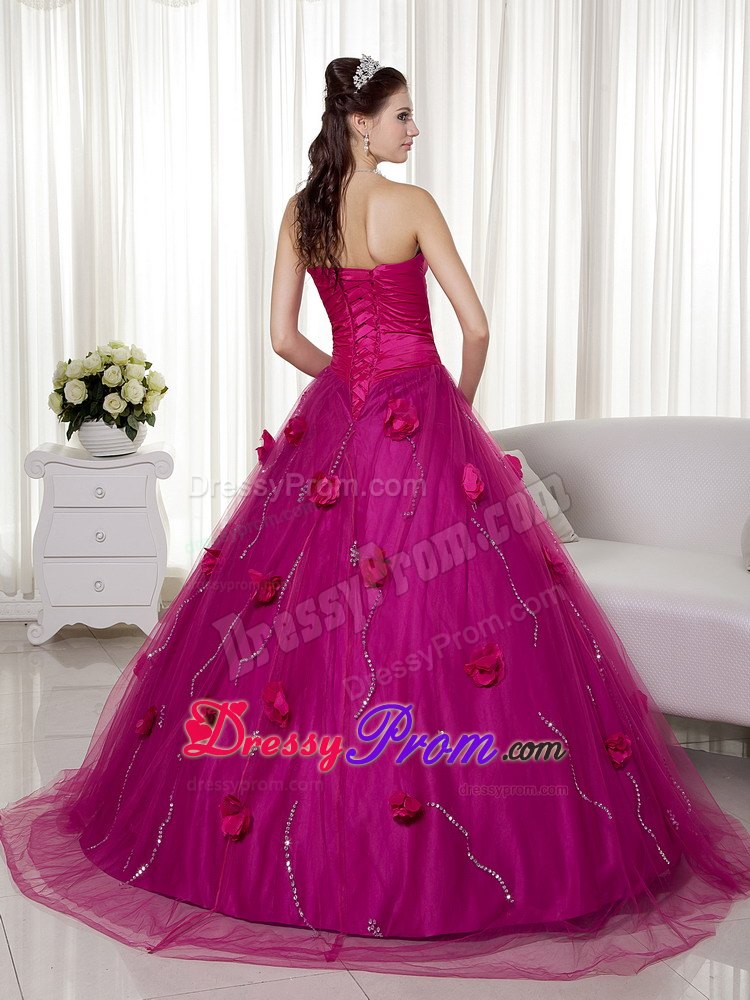 Sweetheart Ruches Hand Made Flowers Tulle and Taffeta Dresses For a Quince