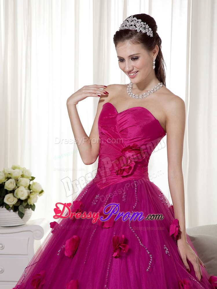 Sweetheart Ruches Hand Made Flowers Tulle and Taffeta Dresses For a Quince