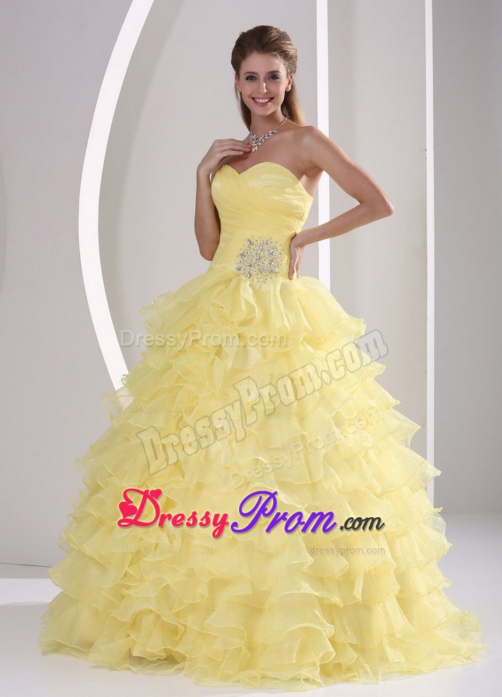 Ruched Beading Sweetheart Appliques Light Yellow Ruffled Quinceanera Gown
