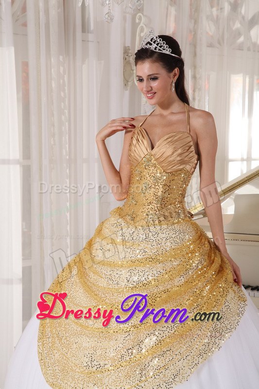 Halter Top Appliques Ruched Tulle and Sequin Back Out Quinceanera Dress