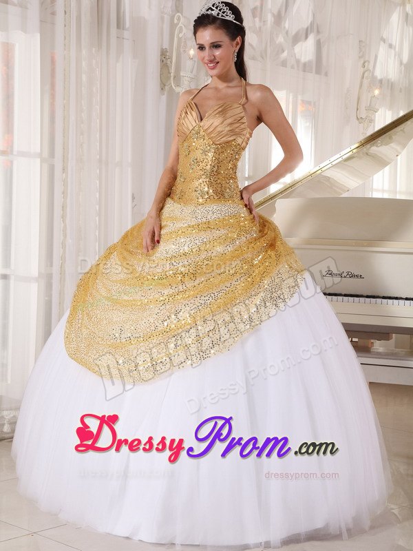 Halter Top Appliques Ruched Tulle and Sequin Back Out Quinceanera Dress