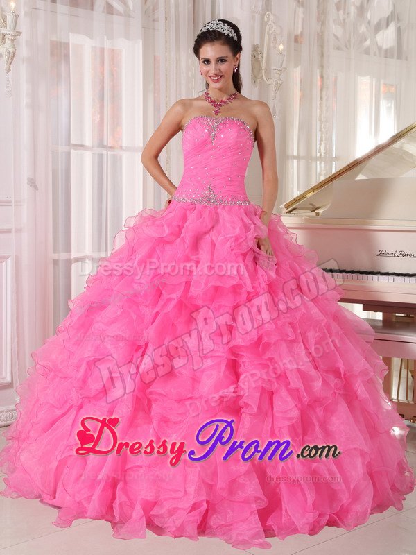 Ruches Beading Ruffled Strapless Floor-length Organza Quinceaneras Gown