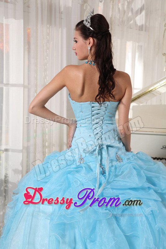 Baby Blue Ruffled Strapless Beading Organza Lace Up Back Sweet 15 Dresses