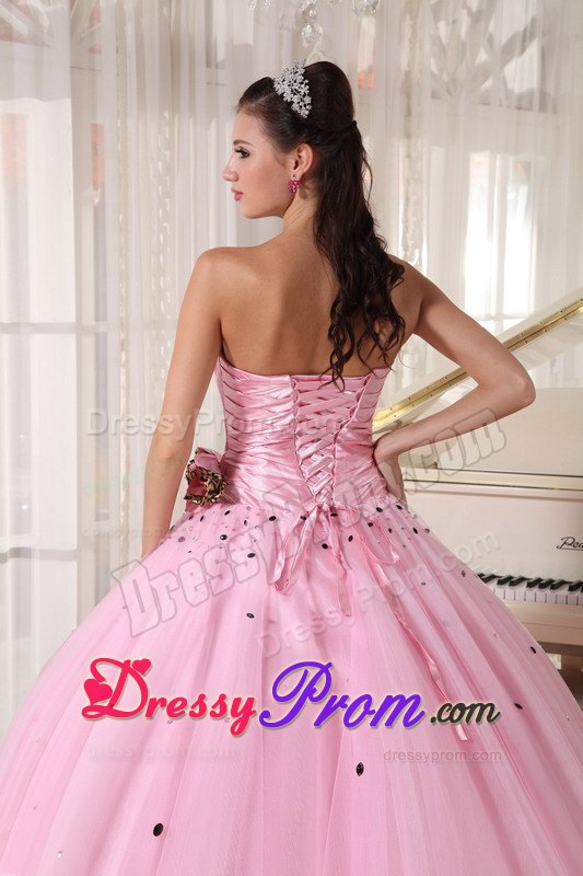 Tulle Strapless Beading Ruches Baby Pink Puffy Quinceaneras Gowns