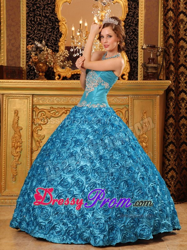 Rolling Flowers Sweetheart Appliques Floor-length Teal Quinceanera Dress