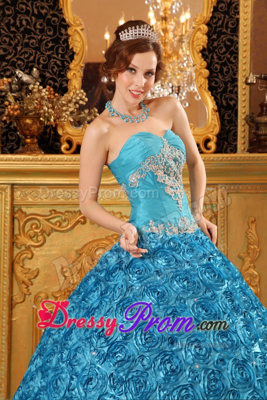 Rolling Flowers Sweetheart Appliques Floor-length Teal Quinceanera Dress