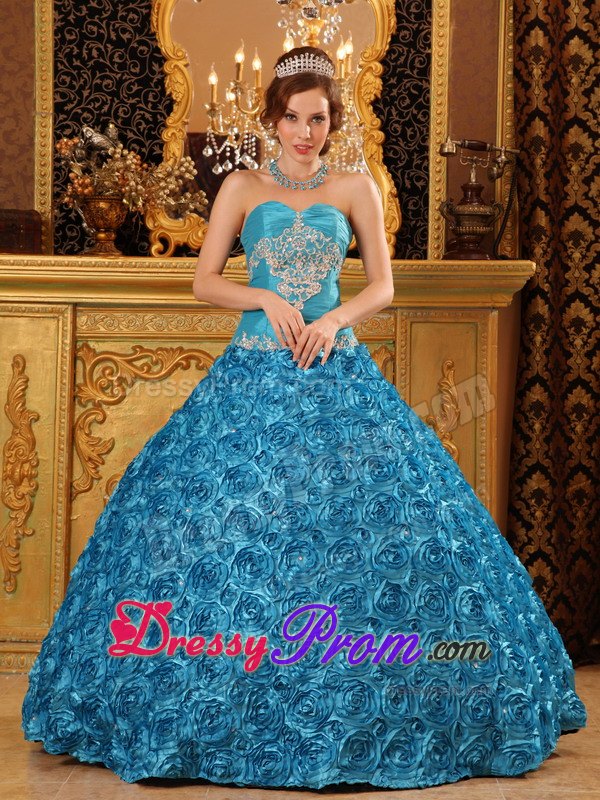 Rolling Flowers Sweetheart Appliques Floor-length Teal Quinceanera Dress