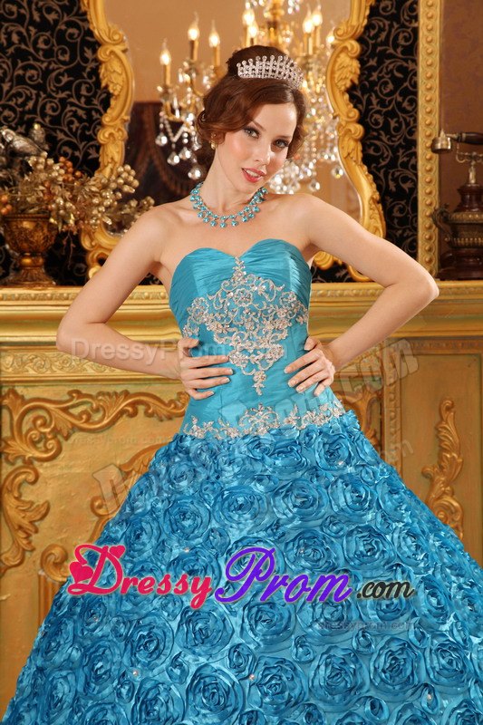 Rolling Flowers Sweetheart Appliques Floor-length Teal Quinceanera Dress