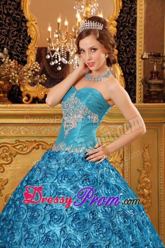 Rolling Flowers Sweetheart Appliques Floor-length Teal Quinceanera Dress