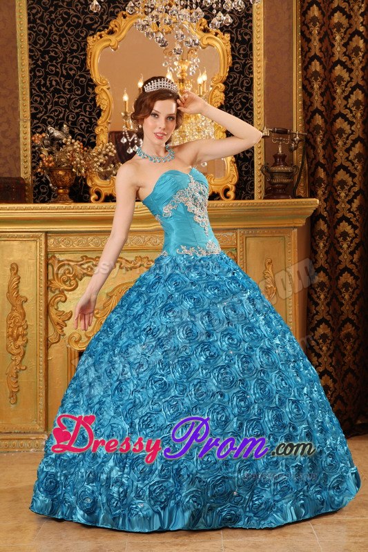 Rolling Flowers Sweetheart Appliques Floor-length Teal Quinceanera Dress