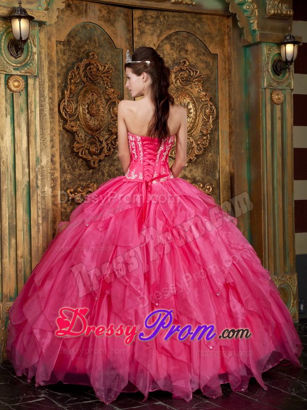 Layers Strapless Appliques Floor-length Hot Pink Organza Quinceanera Gown