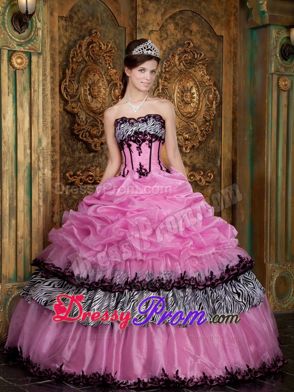 Zebra Fabric Strapless Picks-Up Appliques Rose Pink Quinceanera Dresses