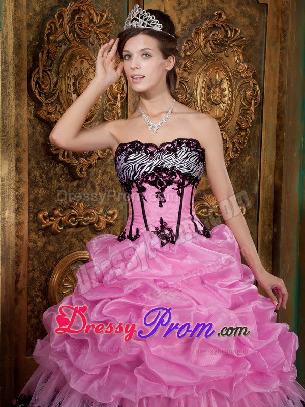 Zebra Fabric Strapless Picks-Up Appliques Rose Pink Quinceanera Dresses