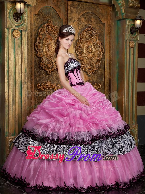 Zebra Fabric Strapless Picks-Up Appliques Rose Pink Quinceanera Dresses