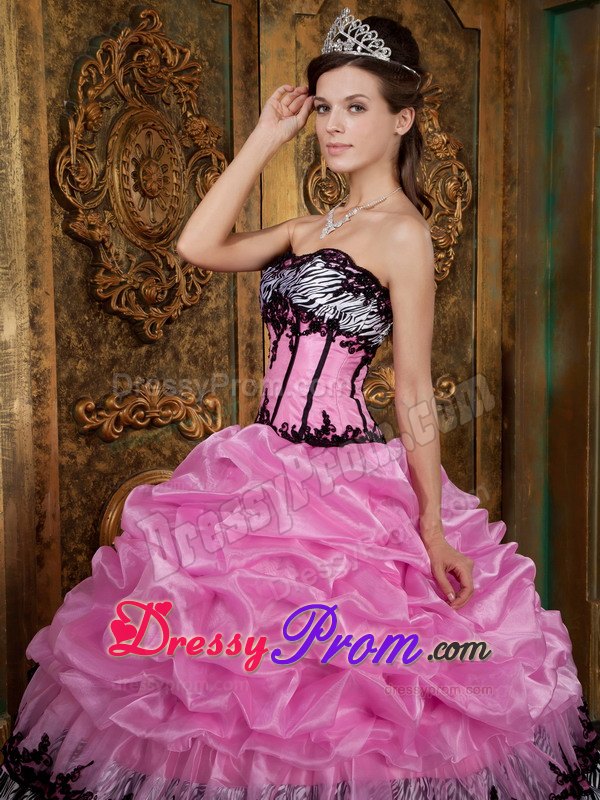 Zebra Fabric Strapless Picks-Up Appliques Rose Pink Quinceanera Dresses